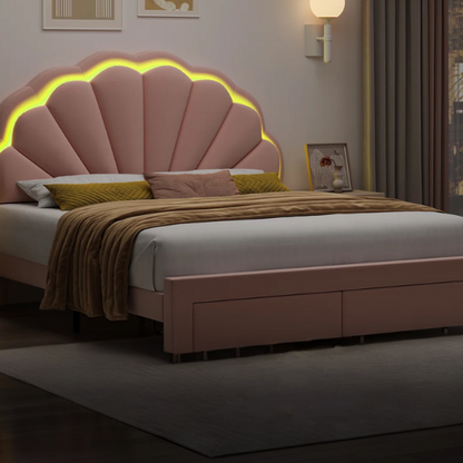 Floral-Inspired Queen Size Upholstered LED Bed Frame with Luxury Velvet, Drawer, and Adjustable Headboard