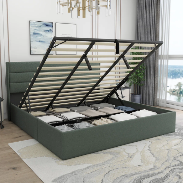 Elegant Hydraulic Lift Upholstered Storage Bed with Wingback Headboard, Linen Fabric, Button-Tufted Detailing, and Ample Under-Bed Storage for Bedding and Seasonal Items