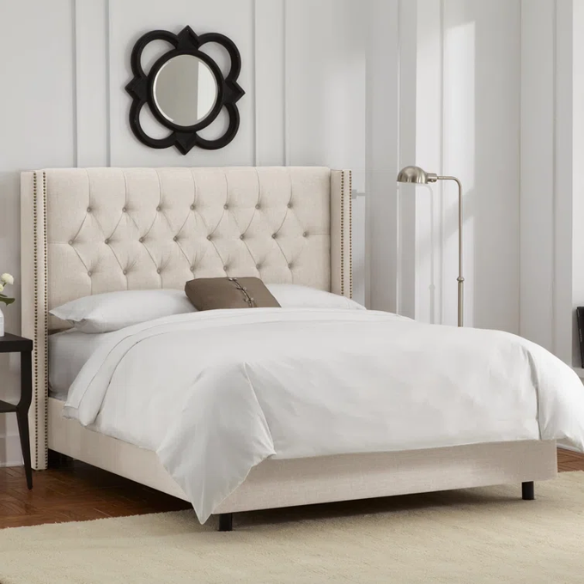 Timeless Upholstered Wingback King Size Bed with Button Tufting and Nailhead Trim