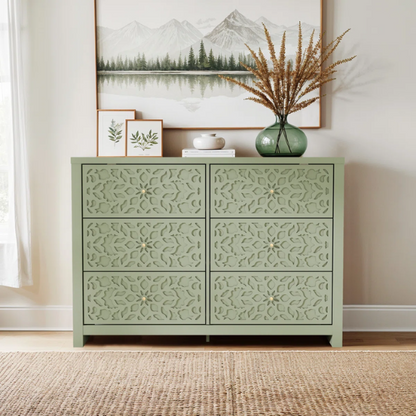 Boho-Inspired 45.4" 6-Drawer Dresser with Distressed Finish and Openwork Floral Details