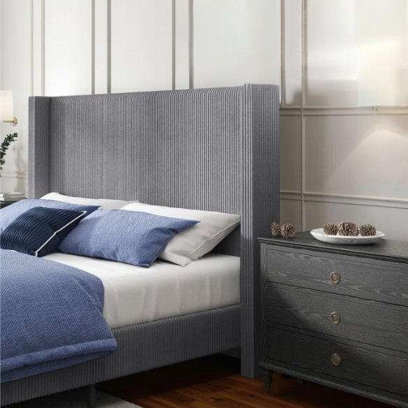 Modern King Size Corduroy Upholstered Bed with Wingback Design – Solid Wood and Metal Frame with Tapered Legs and Extra Cushioned Comfort