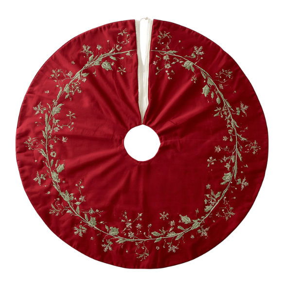 A Red Velvet Christmas Tree Skirt with Silver Toned Embroidered Festive Pattern