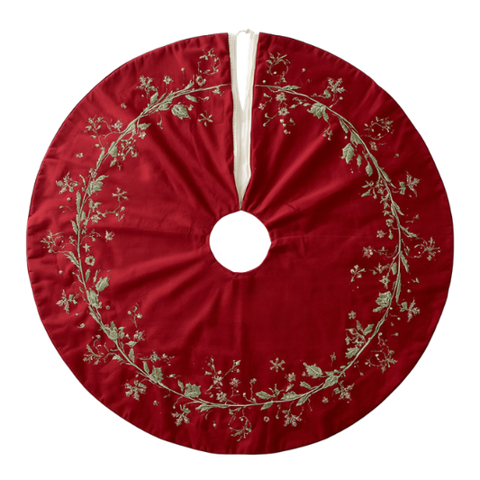 A Red Velvet Christmas Tree Skirt with Silver Toned Embroidered Festive Pattern