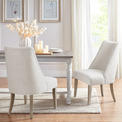 Beige High Back Upholstered Dining Chairs (Set of 2) with Weathered Rustic Wood Legs – Farmhouse Style Seating