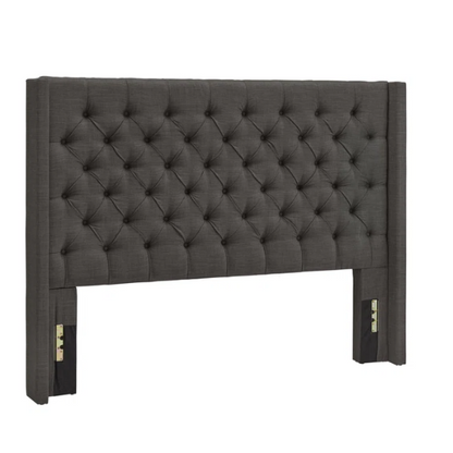 King Size Upholstered Wingback Bed with Linen Fabric, Tapered Legs, and Button Tufted Headboard