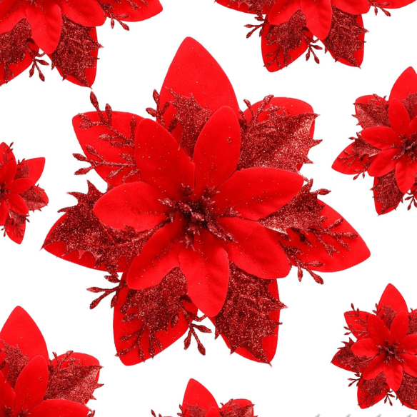 Red Glitter Poinsettia Christmas Flowers – Elegant Artificial Holiday Décor (5 Pieces)