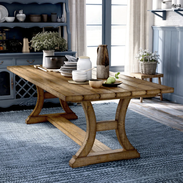 Rustic Pine Solid Wood Dining Table – Farmhouse-Style with Trestle Base, C-Shaped Legs & Planked Top