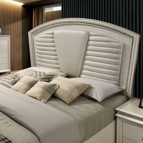 2-Piece Glam White Solid Wood Platform Bedroom Set with LED Lighting & Crystal Accents