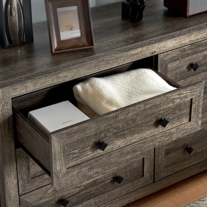 6-Drawer Dresser – A Perfect Blend of Rustic Charm and Industrial Elegance, Featuring a Clean-Lined Silhouette and Weathered Finish. Crafted from Solid and Engineered Wood