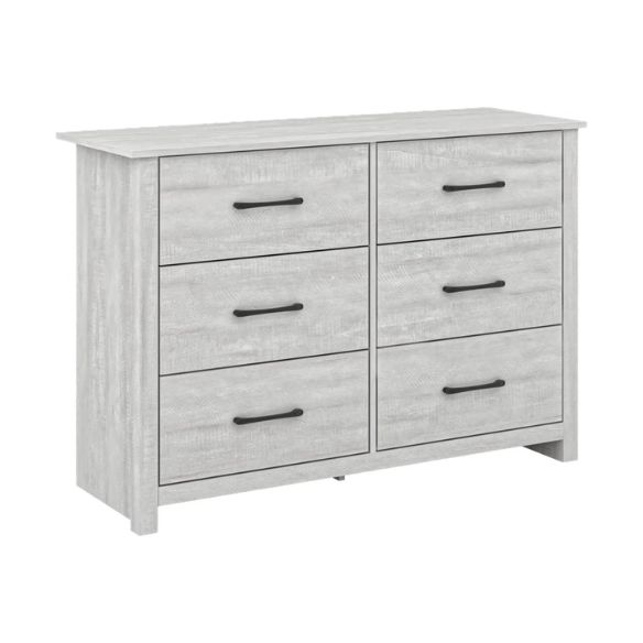 Modern 6-Drawer Double Dresser with Flared Feet and Sleek Black Metal Handles