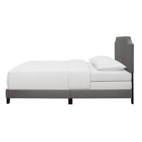 King Size Upholstered Standard Bed with Scooped Corner Headboard, Nailhead Trim, and Extra Support Feet – Classic Design with Adjustable Base Compatibility