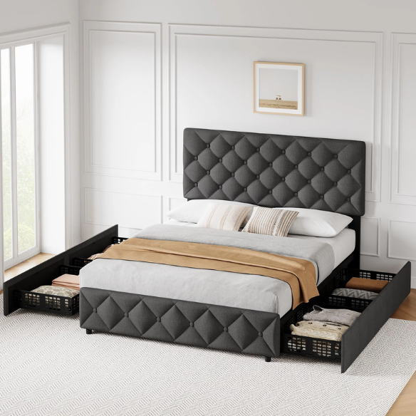 Soft Linen Fabric Upholstered Platform Bed – Double Size with Four Built-In Storage Drawers for Space-Saving & Style