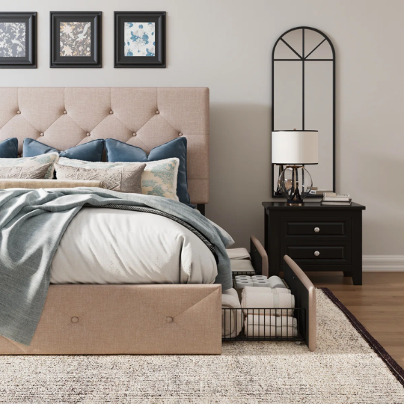 King Size Upholstered Platform Bed with Storage Drawers, Padded Headboard, and Sophisticated Button Tufting