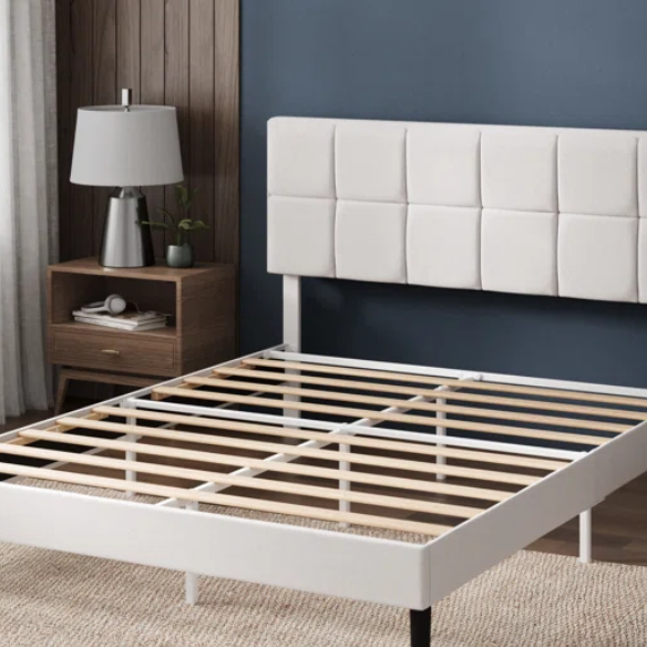 Modern King Size Upholstered Low Profile Platform Bed – Square-Tufted Headboard, Durable Steel Frame