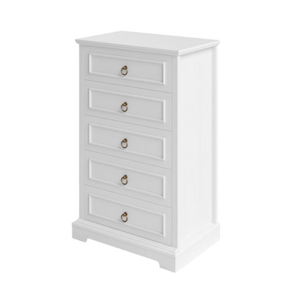 French Country-Inspired 5-Drawer Chest with Metal Ring Handles, Paneled Detailing, and Classic Crown Molding