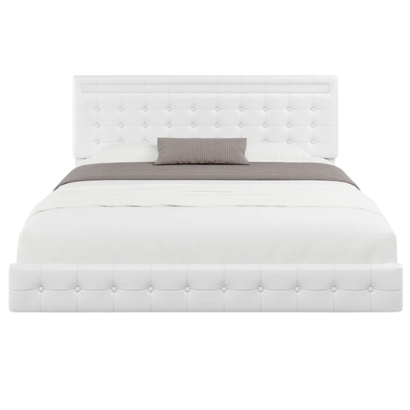 Queen Size LED Lit Platform Bed with Tufted Headboard – Modern and Stylish Design