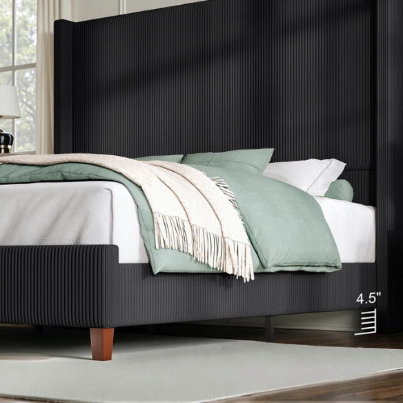 Queen Size Upholstered Wingback Platform Bed in Ribbed Corduroy Fabric