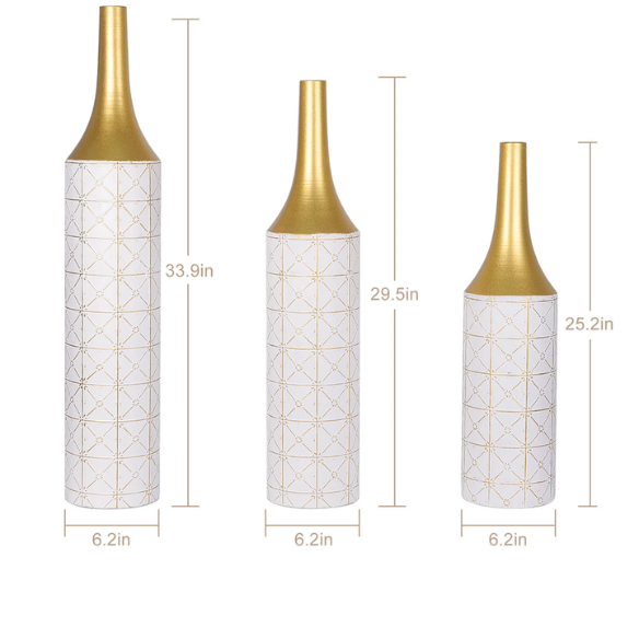 Elegant Ornate Metal Floor Vase Set (3-Piece) – Gilded Starry Grid Design, Tall Tulip-Shaped Vases with White and Gold Finish, Ideal for Dried Flowers or Stylish Décor
