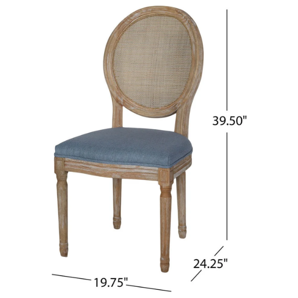 Light Denim Blue Upholstered Dining Chairs with Wicker Back and Natural Wood Frame (Set of 2) – French Country Farmhouse Accent Seating