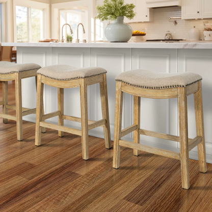 Saddle-Seat Wood Bar Stool with Upholstered Seat – Stylish and Durable Counter Stool in Weathered Natural  Finish
