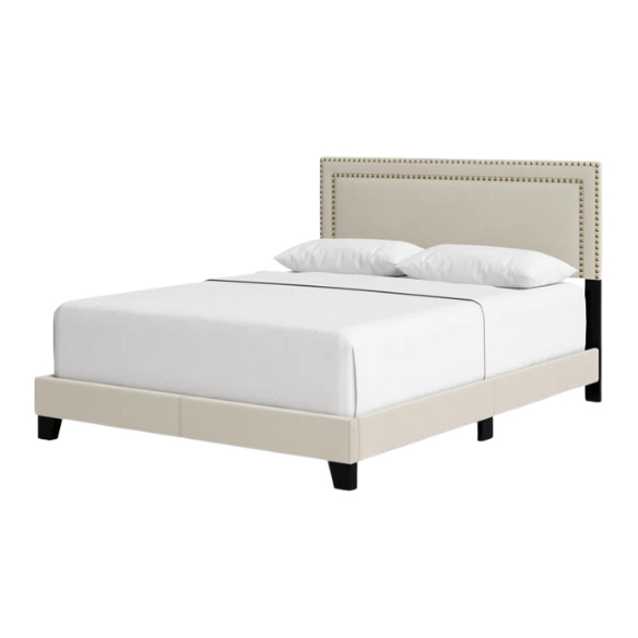 King Size Upholstered Storage Bed with Beige Linen Upholstery, Nailhead Trim, and Adjustable Bed Base Compatibility – Classic Design with Wooden Slats for Extra Support