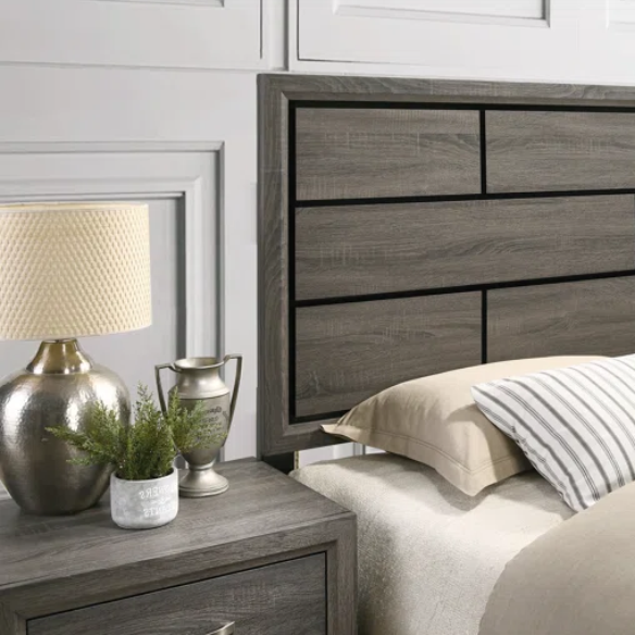Rustic Cabin-Inspired 5-Piece Queen Bedroom Set with Carved Wood Panel Bed, Metal Hardware, and Dark Gray Brushed Finish