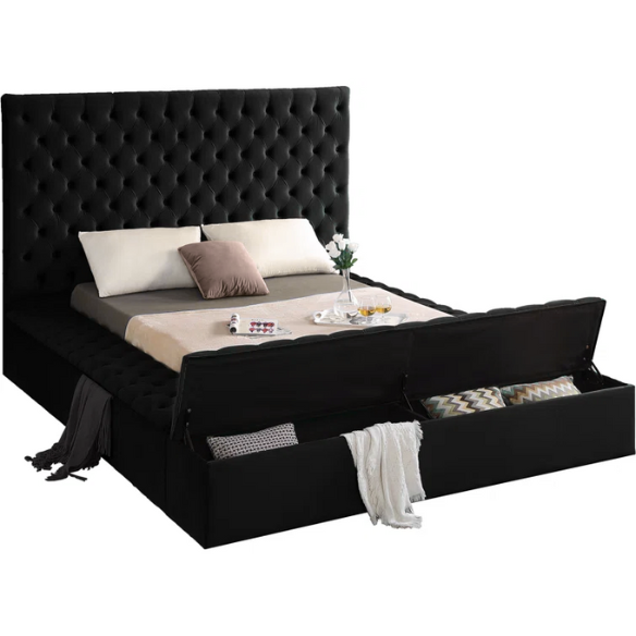 Elegant Velvet Upholstered King Size Platform Storage Bed with Tufted Headboard and Slats