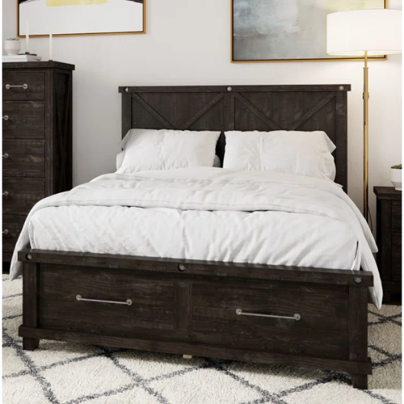Industrial-Inspired Wood Standard Configurable Bedroom Set: Crafted from Solid Acacia and Pine with Hand-Hewn Planks, Metal Hook-On Side Rails, and Cross Slat Support System for Ultimate Durability and Unique Patina Finish