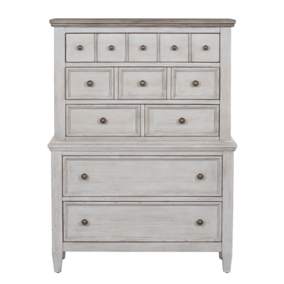 Transform Your Farmhouse Bedroom with the Queen Panel Bed, Dresser, Mirror, and Chest Set – Featuring Rustic Charm and Elegant Storage