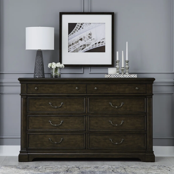 Classic Legacy Queen Bedroom Set – Bed, Dresser, Mirror, and Nightstand in Satin Cherry with Rustic Alder Veneers and Antique Brass Accents