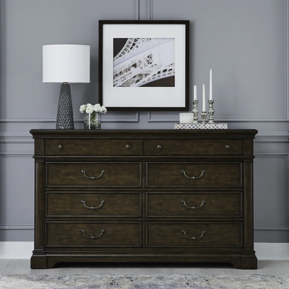 Classic Legacy Queen Bedroom Set – Bed, Dresser, Mirror, and Nightstand in Satin Cherry with Rustic Alder Veneers and Antique Brass Accents