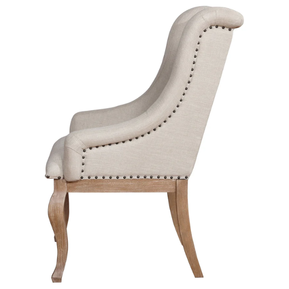 Beige Button Tufted Upholstered Arm Chairs with Light Tan Wooden Legs (Set of 2) – Elegant Accent Dining or Lounge Seating