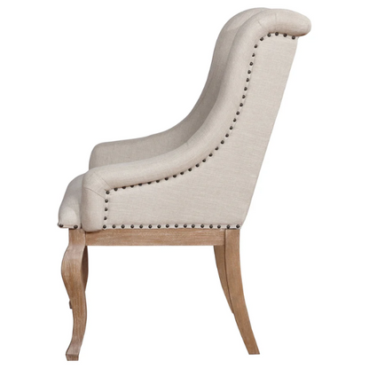 Beige Button Tufted Upholstered Arm Chairs with Light Tan Wooden Legs (Set of 2) – Elegant Accent Dining or Lounge Seating