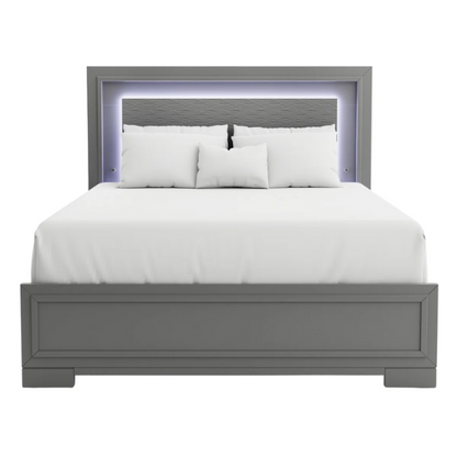 Contemporary 6-Piece Queen Bedroom Set in Solid Grey with LED-Illuminated Headboard, Textured Panels, and Eco-Friendly Rubberwood Construction