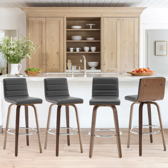 Mid-Century Modern Faux Leather Swivel Counter/Bar Stools – 360° Swivel, Padded PU Leather Seat & Back, Durable Bentwood Legs, Metal Footrest, Supports Up to 440lbs for Home Bar or Kitchen