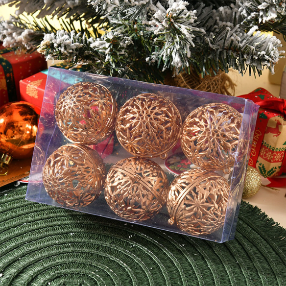 Champagne Gold Glitter Snowflake Christmas Ball Ornaments – Set of 6 Decorative Holiday Baubles