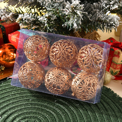 Champagne Gold Glitter Snowflake Christmas Ball Ornaments – Set of 6 Decorative Holiday Baubles