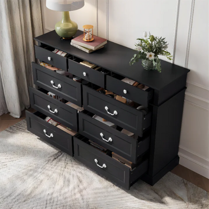 Rustic Modern 9-Drawer 53.5'' Double Dresser with Inset Paneling, Crown Molding, and Customizable Metal Handles