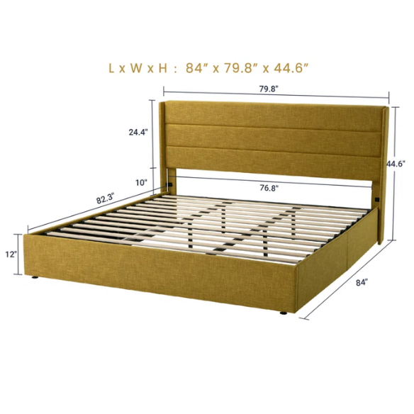 Modern King Size Upholstered Platform Bed with Hydraulic Lift Storage – Sleek Grooved Headboard, Space-Saving Design, and No Box Spring Needed