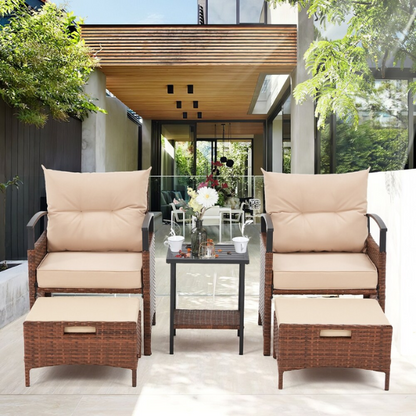 Patio Furniture Set | Outdoor Rattan Chairs with Tempered Glass Coffee Table, Ottomans, and Soft Cushions | Stylish Wicker Conversation Set