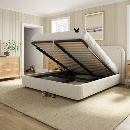 Premium Upholstered Aurora Lift-Up Storage Bed with Elegant Boucle Performance Fabric, Plush Foam-Padded Headboard, and Spacious Under-Bed Storage for a Clutter-Free Bedroom