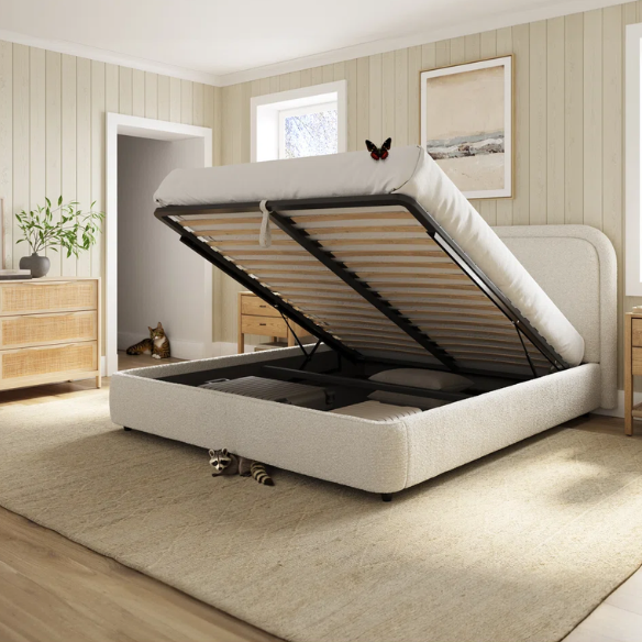 Premium Upholstered Aurora Lift-Up Storage Bed with Elegant Boucle Performance Fabric, Plush Foam-Padded Headboard, and Spacious Under-Bed Storage for a Clutter-Free Bedroom