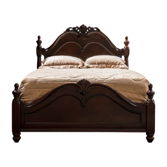 Traditional Elegance 4-Piece Queen Bedroom Set in Cherry Brown with Carved Accents, Camelback Bed, Nightstand, Dresser, and Mirror