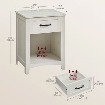 Farmhouse-Style Nightstand with Built-In Charging Station – Engineered Wood, Spacious Top, Drawer & Open Compartment, Matte Black Metal Handle, USB-A & USB-C Ports, AC Outlets, Ideal for Bedroom or Living Room