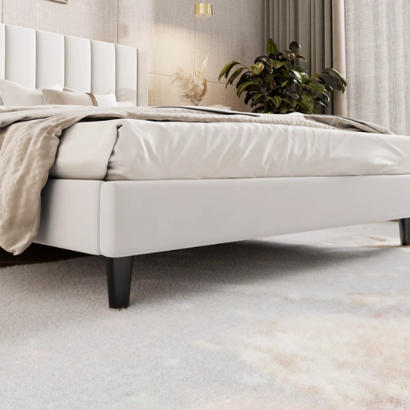 Luxurious Upholstered Platform Bed – Full/Double Size with Velvet Upholstery and Striped Headboard for Elegant Comfort