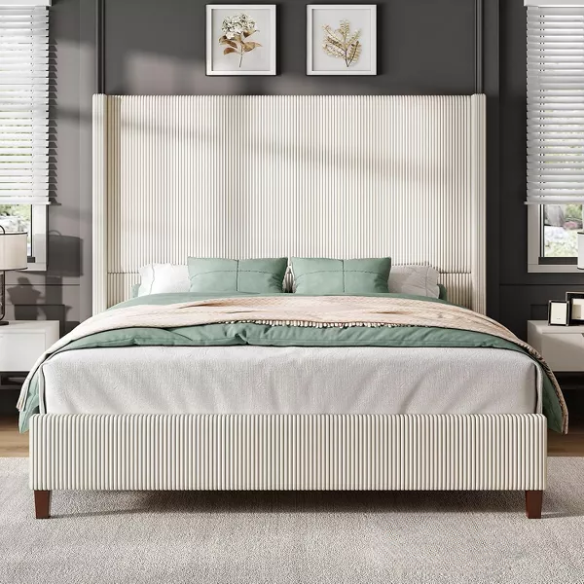 Queen Size Upholstered Wingback Platform Bed in Ribbed Corduroy Fabric