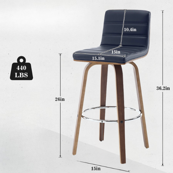 Mid-Century Modern Faux Leather Swivel Counter/Bar Stools – 360° Swivel, Padded PU Leather Seat & Back, Durable Bentwood Legs, Metal Footrest, Supports Up to 440lbs for Home Bar or Kitchen