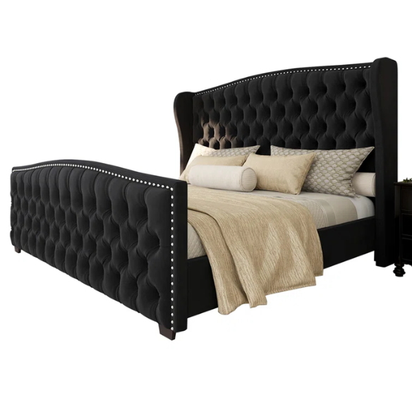 Velvet Queen Size Bed with Button Tufted Upholstery, Nailhead Trim, and Wingback Headboard