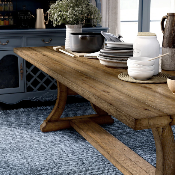 Rustic Pine Solid Wood Dining Table – Farmhouse-Style with Trestle Base, C-Shaped Legs & Planked Top