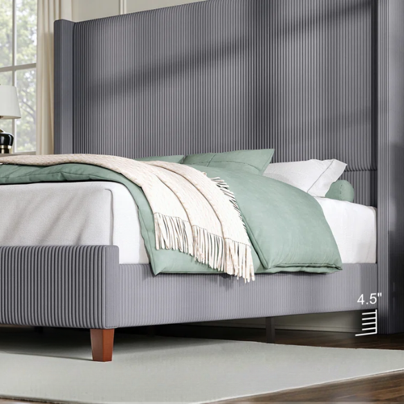 Queen Size Upholstered Wingback Platform Bed in Ribbed Corduroy Fabric